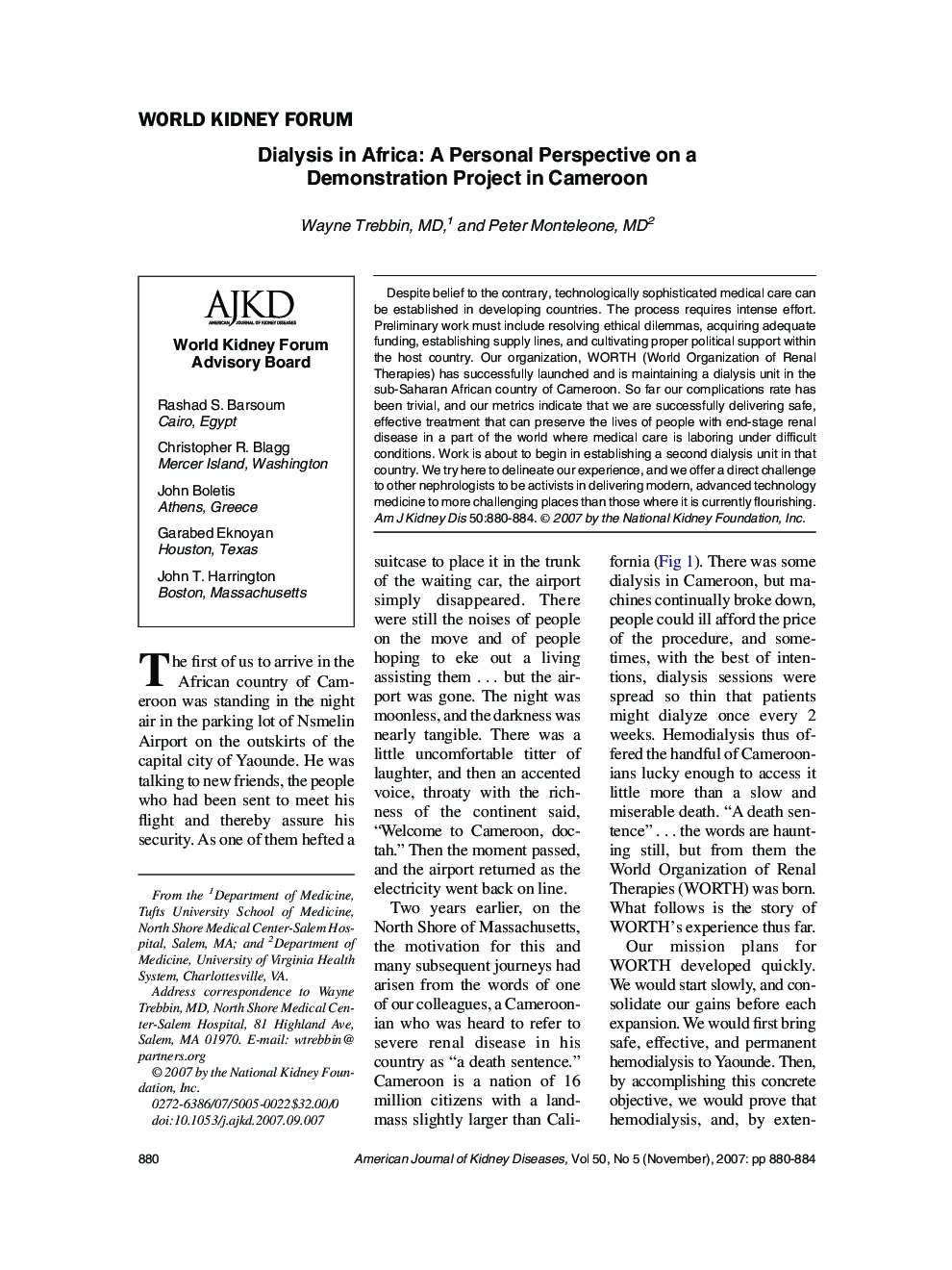 Dialysis in Africa: A Personal Perspective on a Demonstration Project in Cameroon