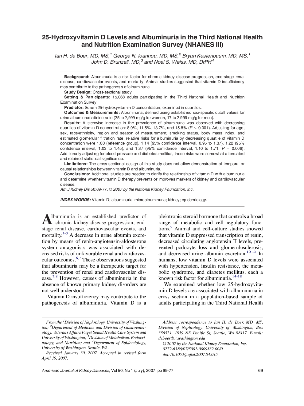 25-Hydroxyvitamin D Levels and Albuminuria in the Third National Health and Nutrition Examination Survey (NHANES III)