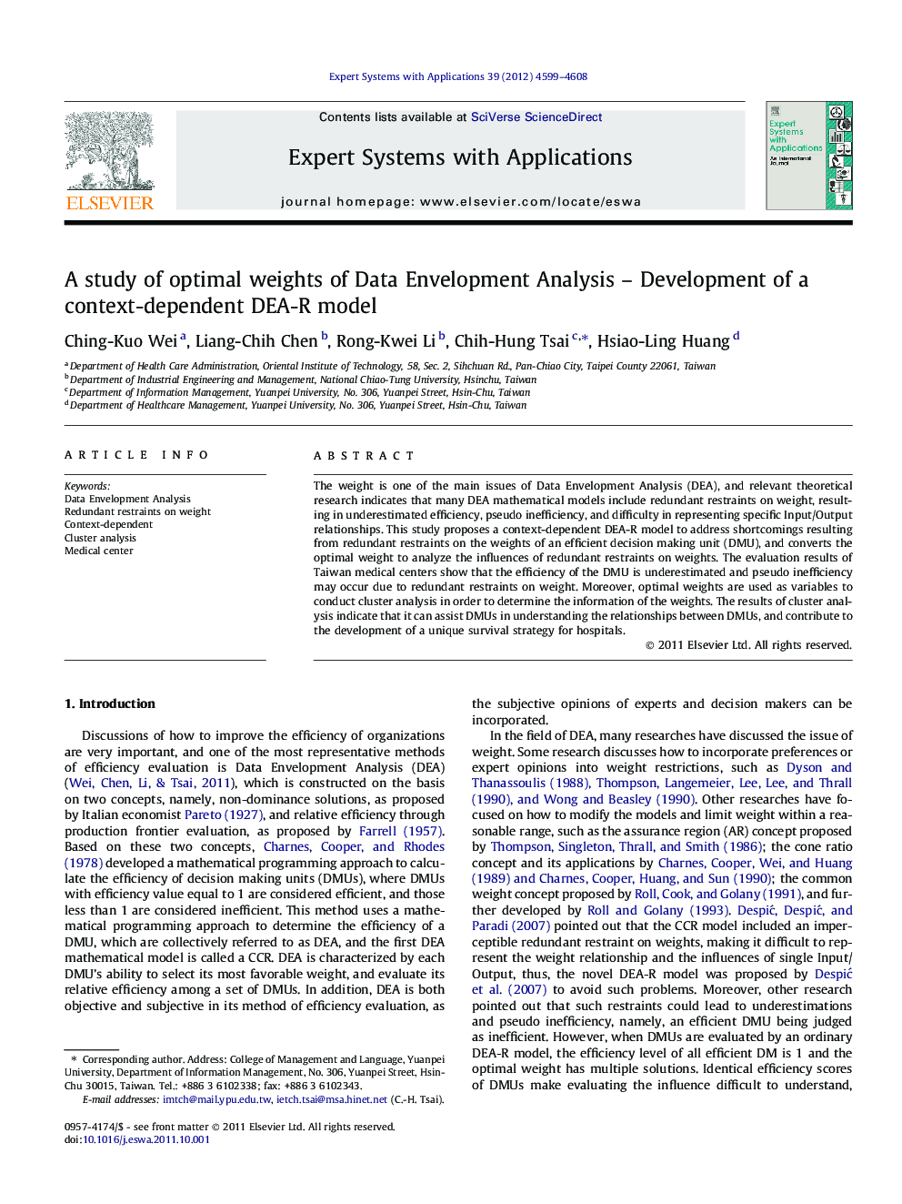 A study of optimal weights of Data Envelopment Analysis – Development of a context-dependent DEA-R model