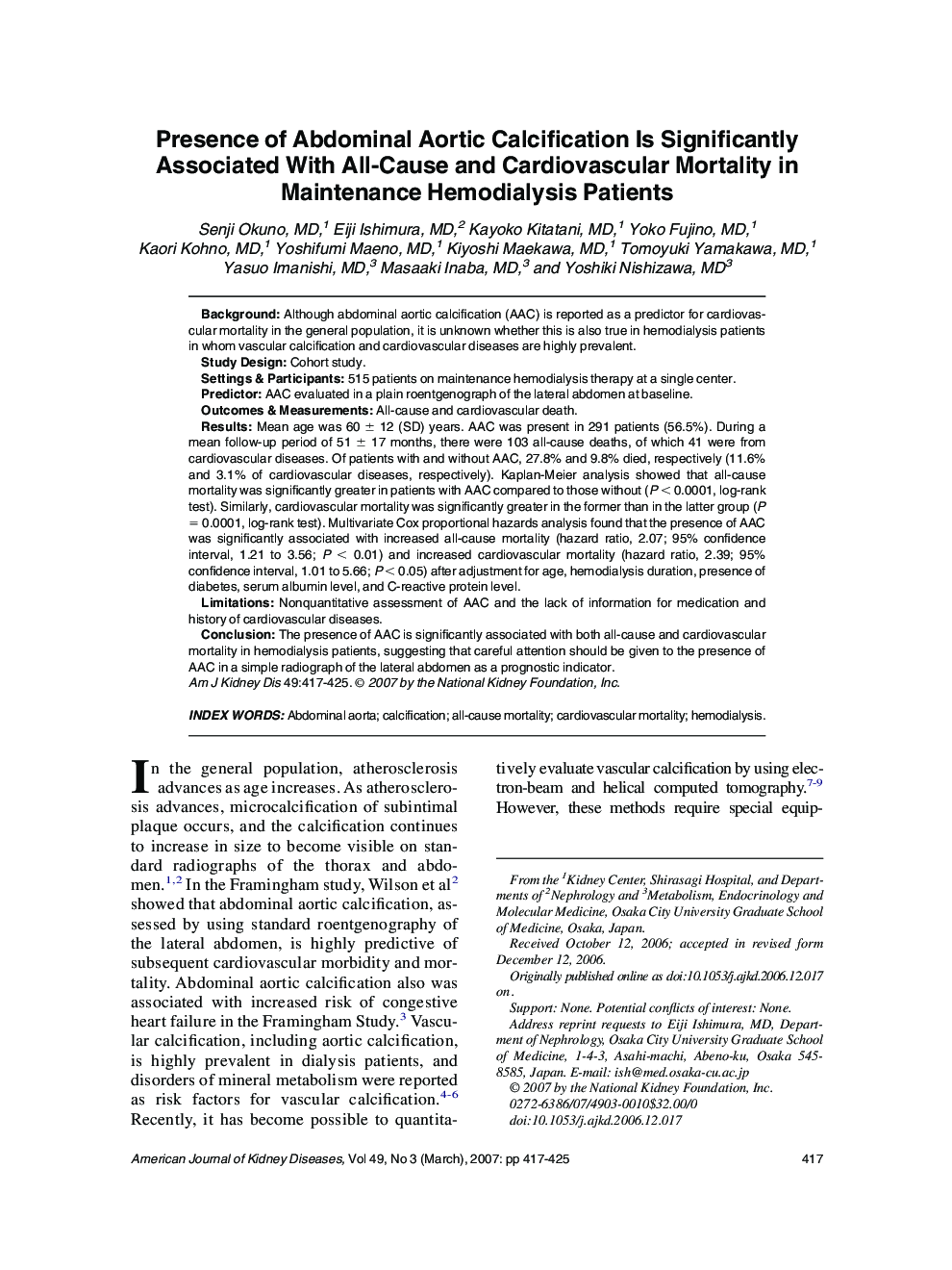 Presence of Abdominal Aortic Calcification Is Significantly Associated With All-Cause and Cardiovascular Mortality in Maintenance Hemodialysis Patients