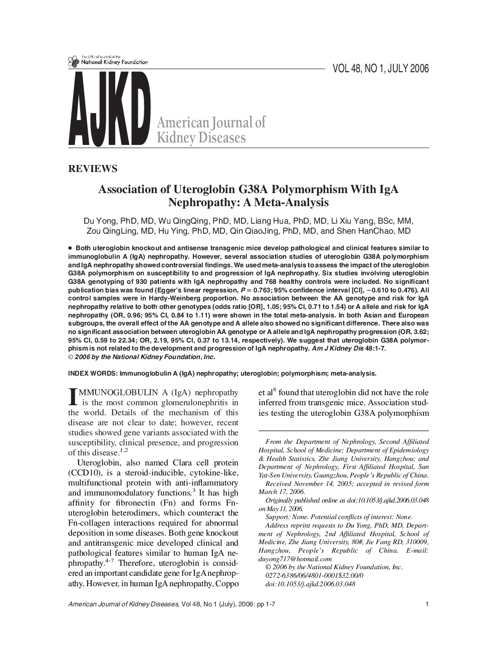 Association of Uteroglobin G38A Polymorphism With IgA Nephropathy: A Meta-Analysis