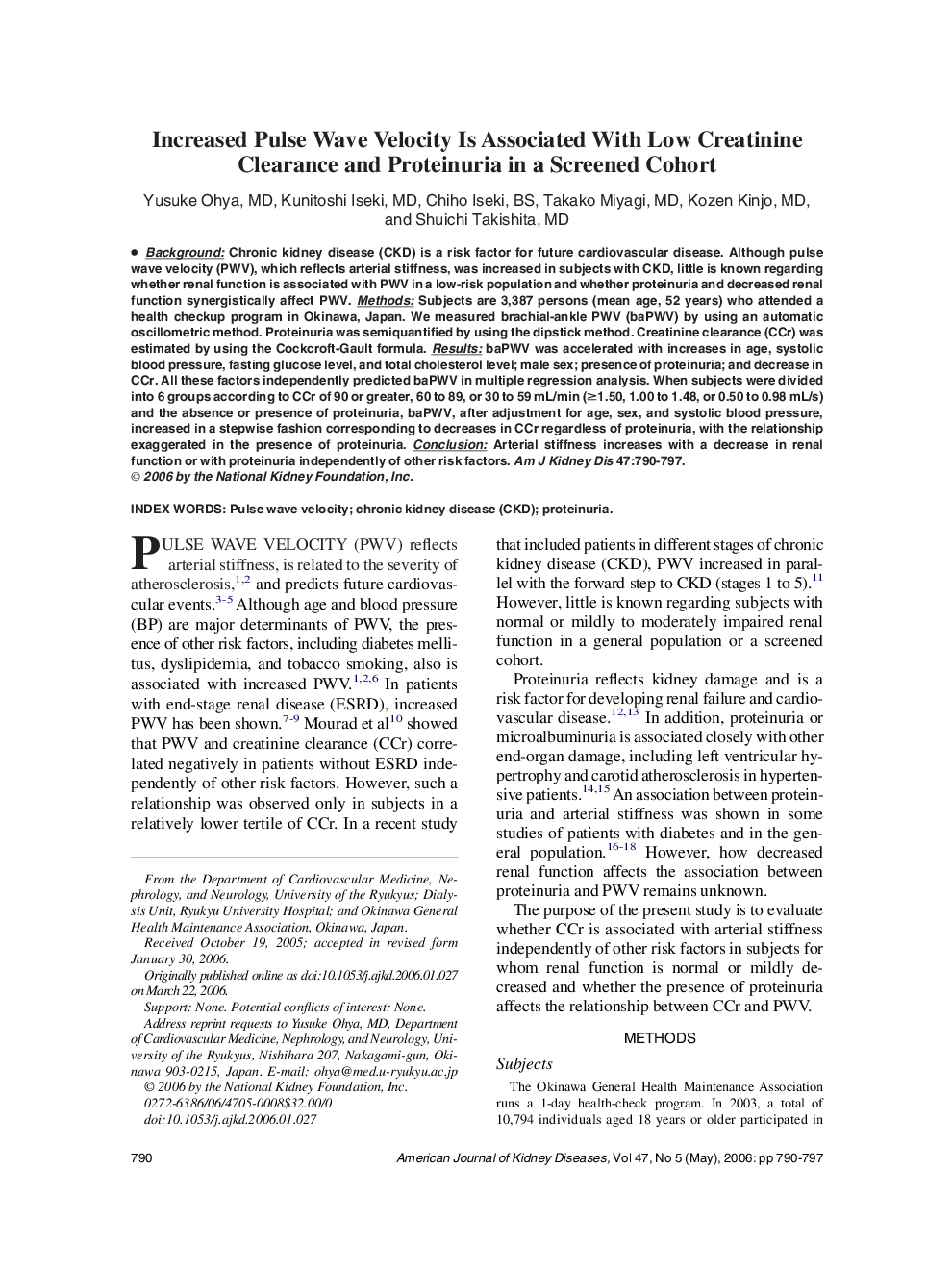 عکس صفحه اول مقاله: Increased Pulse Wave Velocity Is Associated With Low Creatinine Clearance and Proteinuria in a Screened Cohort Increased Pulse Wave Velocity Is Associated With Low Creatinine Clearance and Proteinuria in a Screened Cohort