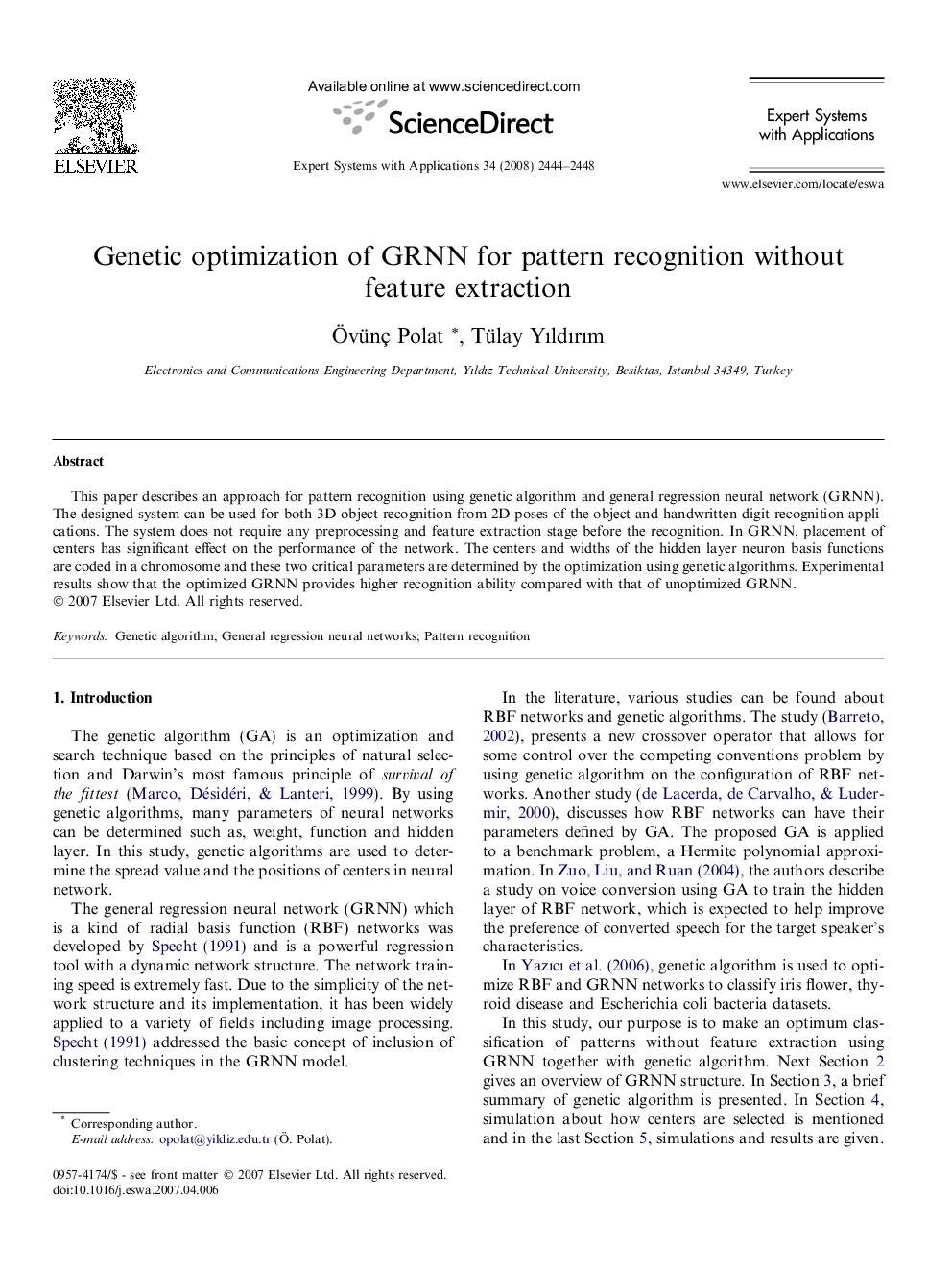 Genetic optimization of GRNN for pattern recognition without feature extraction