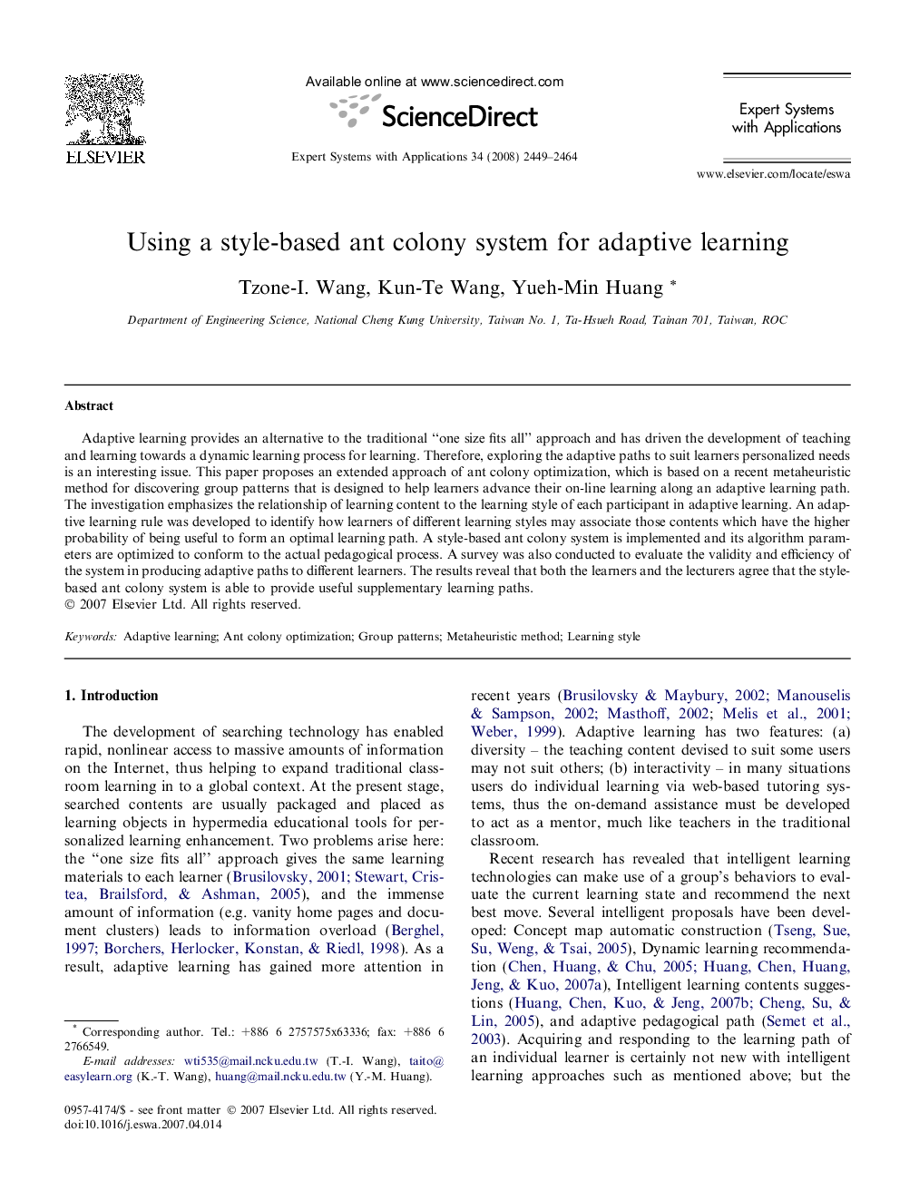 Using a style-based ant colony system for adaptive learning