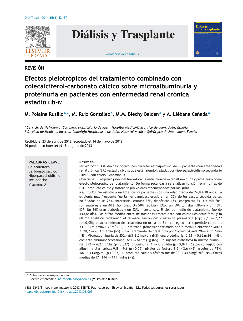 Efectos pleiotrópicos del tratamiento combinado con colecalciferol-carbonato cálcico sobre microalbuminuria y proteinuria en pacientes con enfermedad renal crónica estadio iiib-iv
