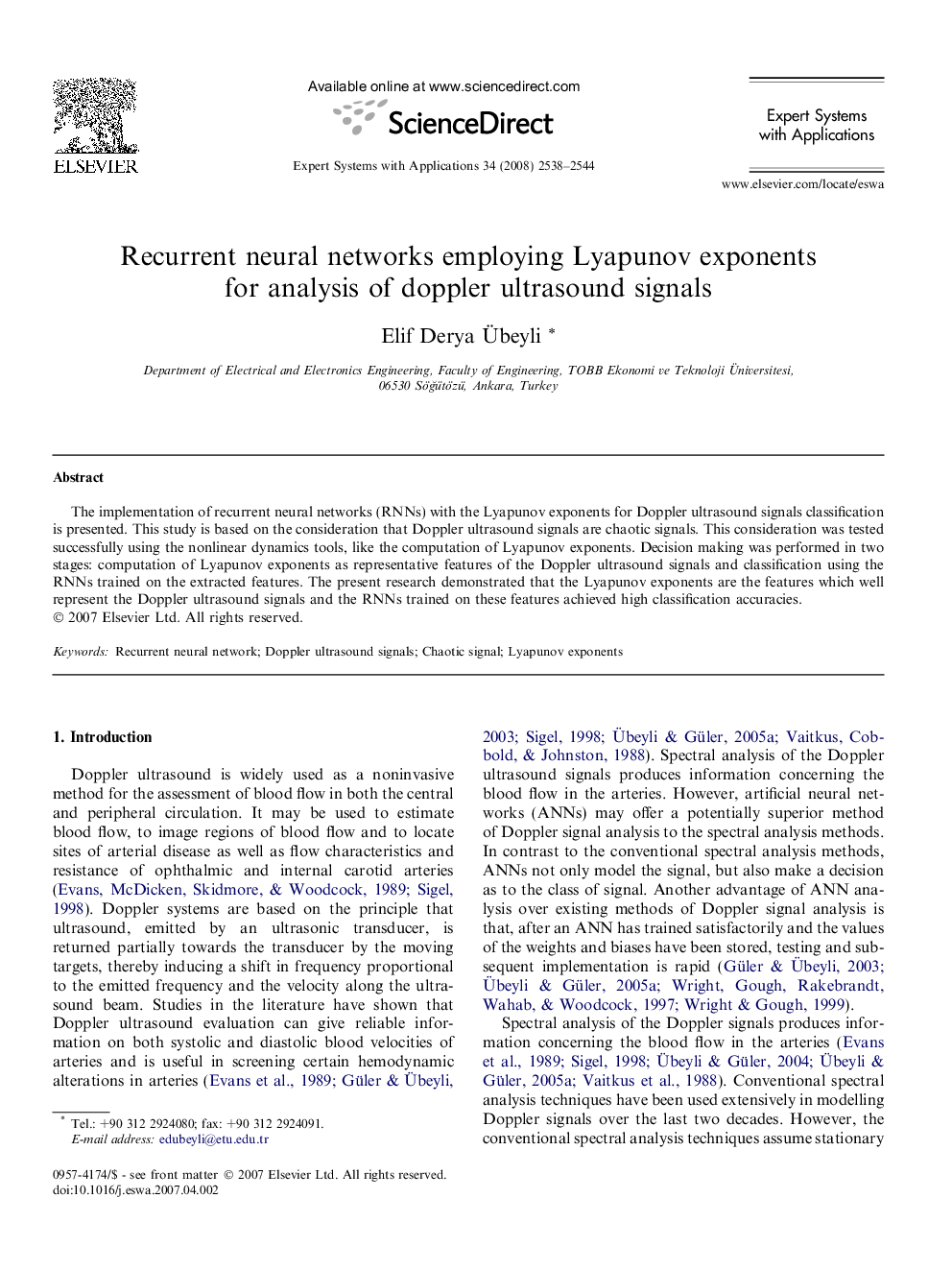 Recurrent neural networks employing Lyapunov exponents for analysis of doppler ultrasound signals