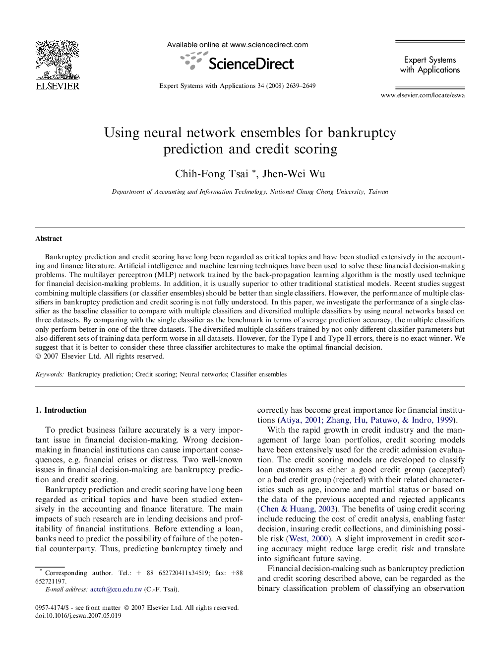 Using neural network ensembles for bankruptcy prediction and credit scoring