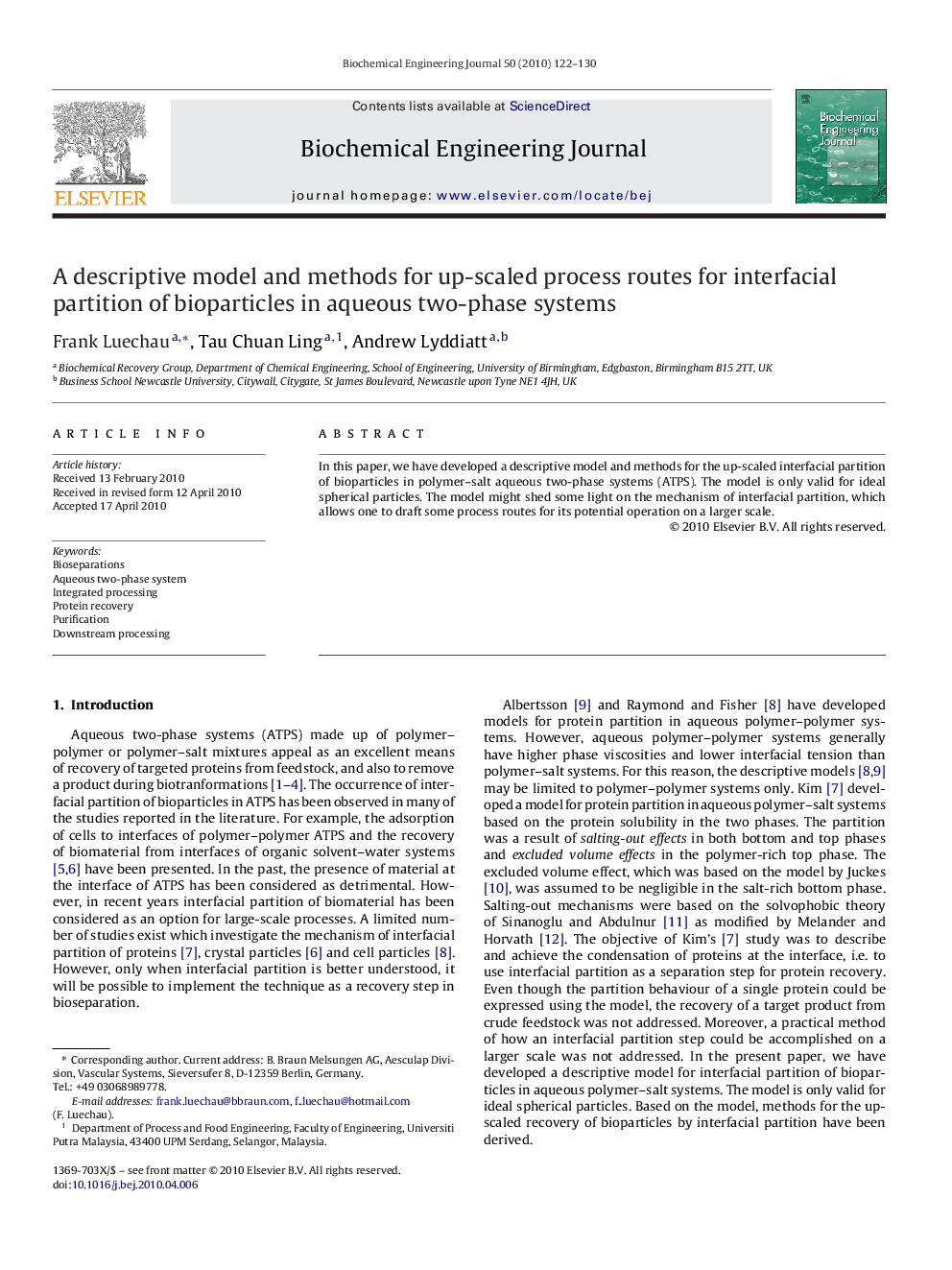 A descriptive model and methods for up-scaled process routes for interfacial partition of bioparticles in aqueous two-phase systems