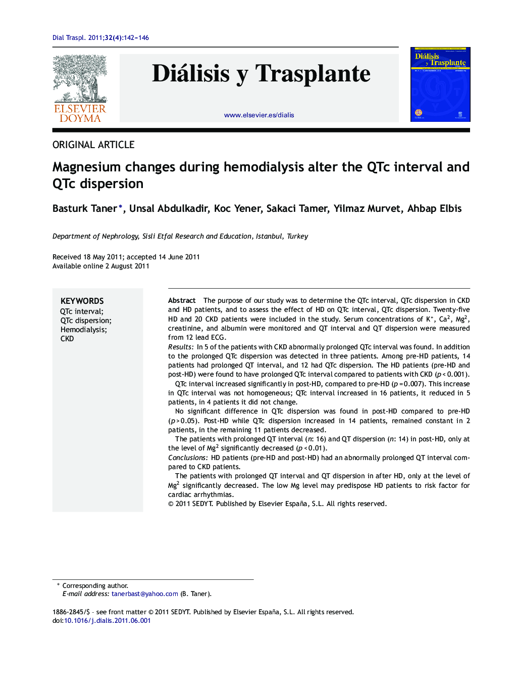 Magnesium changes during hemodialysis alter the QTc interval and QTc dispersion