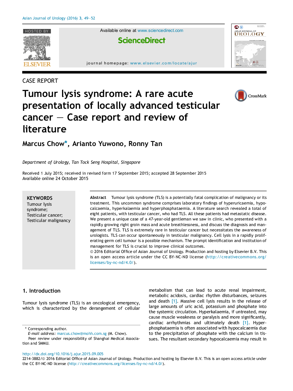 Tumour lysis syndrome: A rare acute presentation of locally advanced testicular cancer – Case report and review of literature 