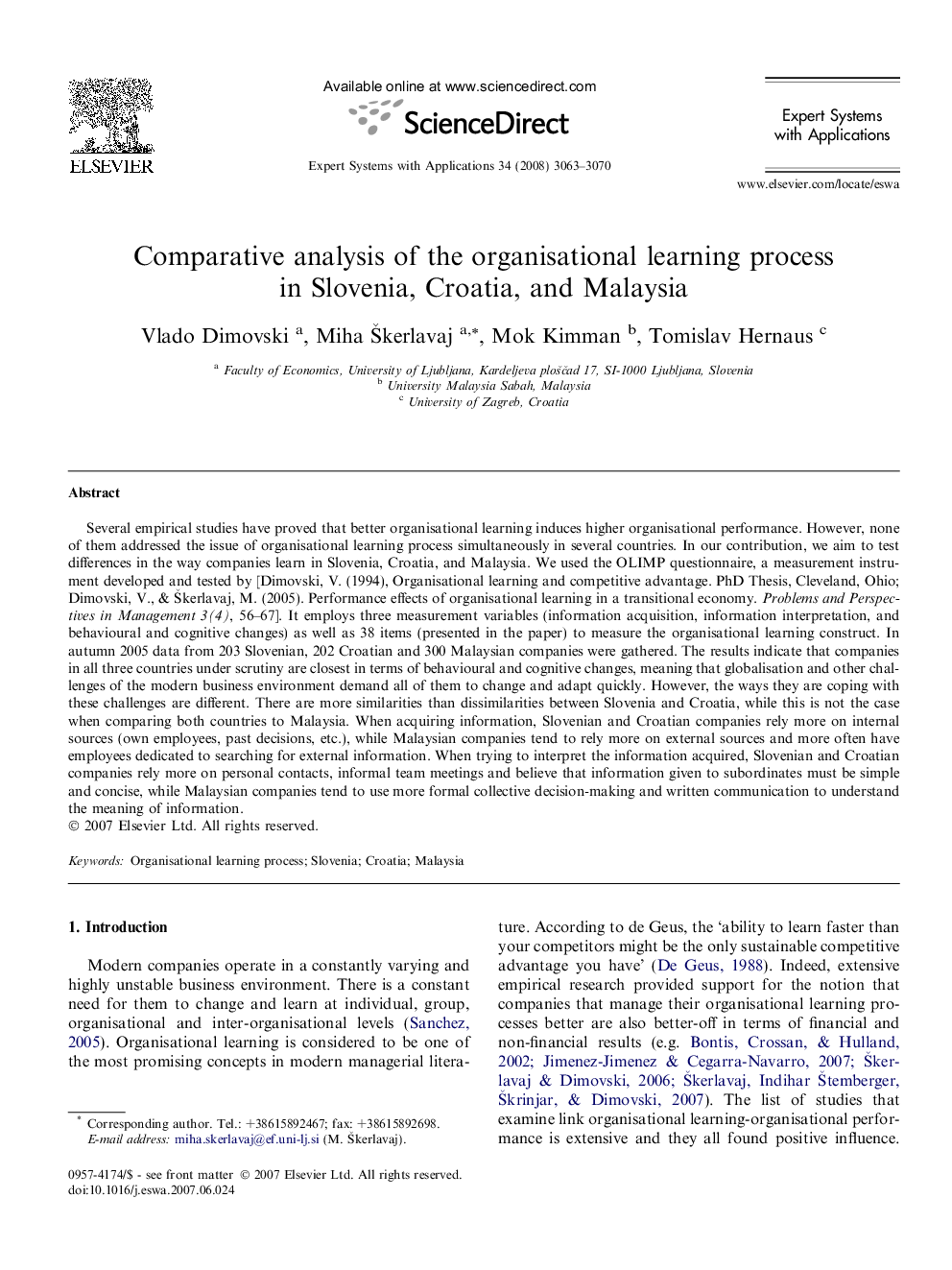 Comparative analysis of the organisational learning process in Slovenia, Croatia, and Malaysia