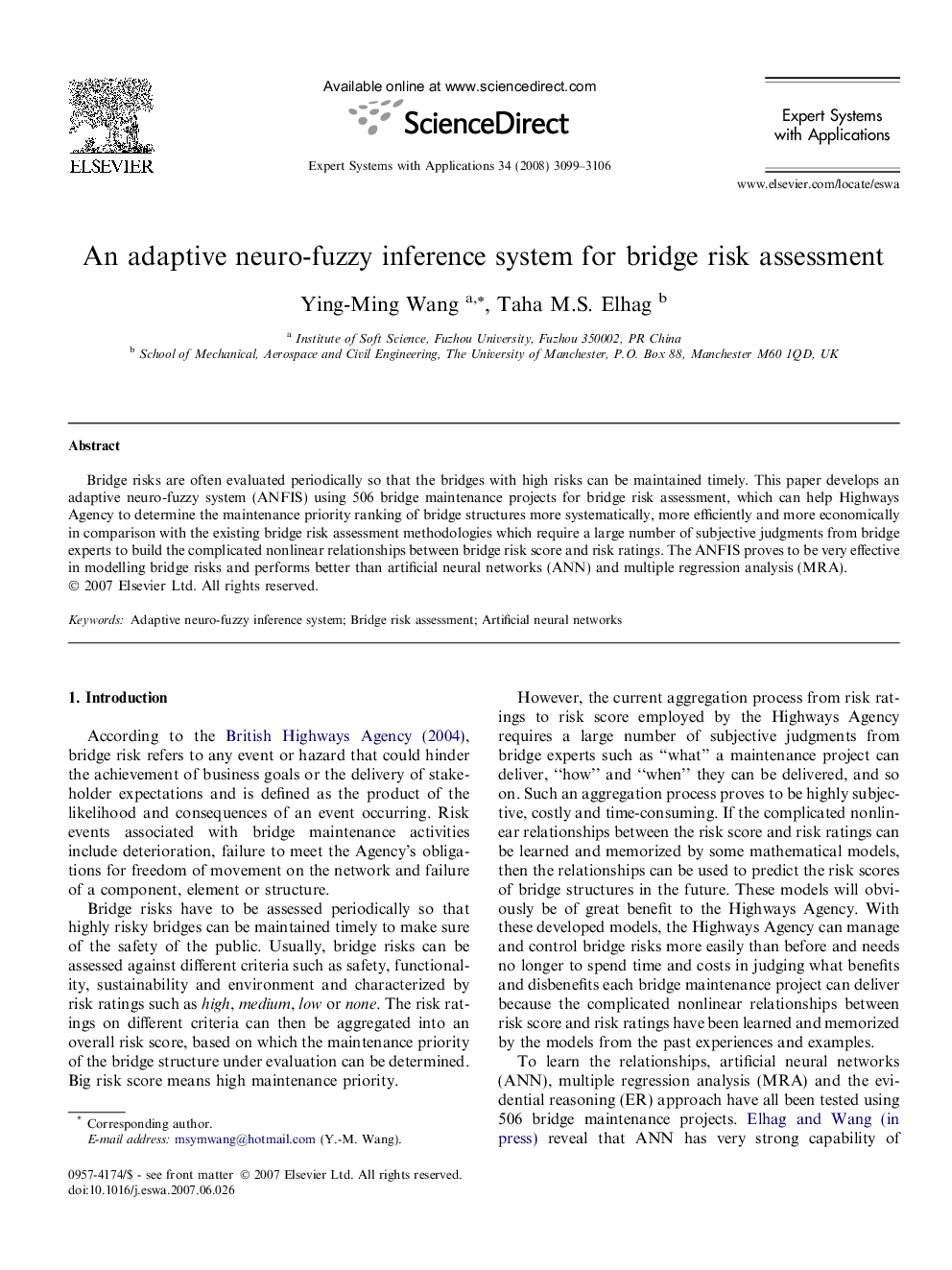 An adaptive neuro-fuzzy inference system for bridge risk assessment