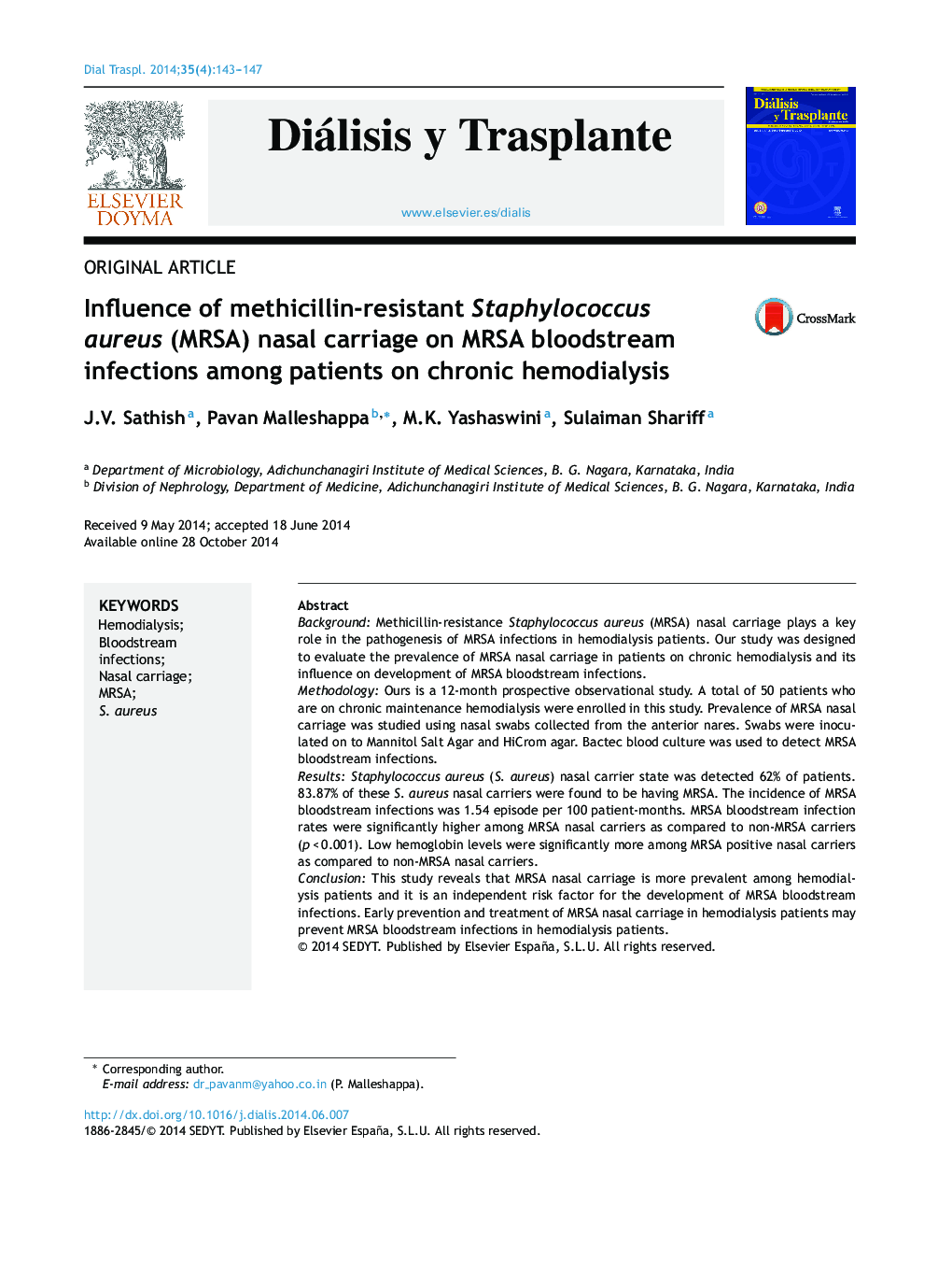 Influence of methicillin-resistant Staphylococcus aureus (MRSA) nasal carriage on MRSA bloodstream infections among patients on chronic hemodialysis