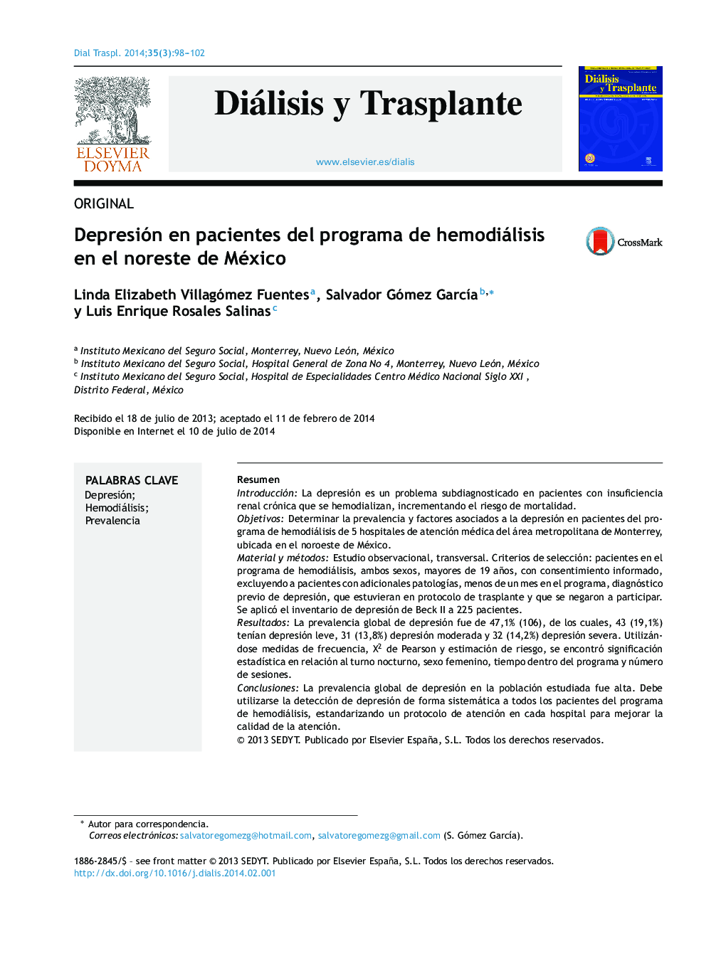 Depresión en pacientes del programa de hemodiálisis en el noreste de México