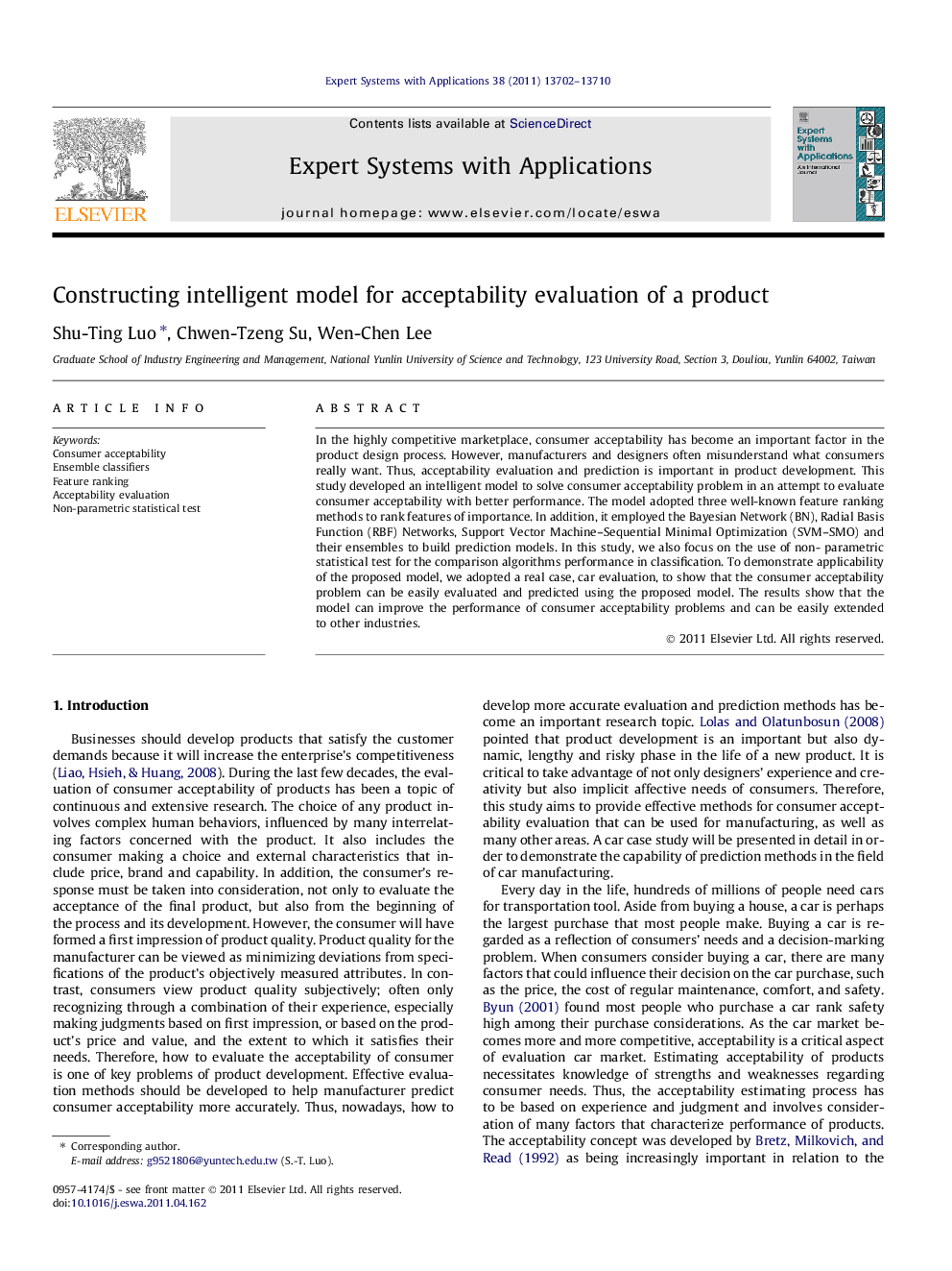 Constructing intelligent model for acceptability evaluation of a product