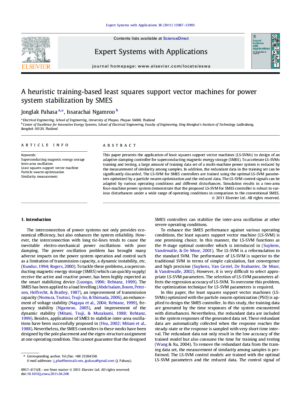 A heuristic training-based least squares support vector machines for power system stabilization by SMES