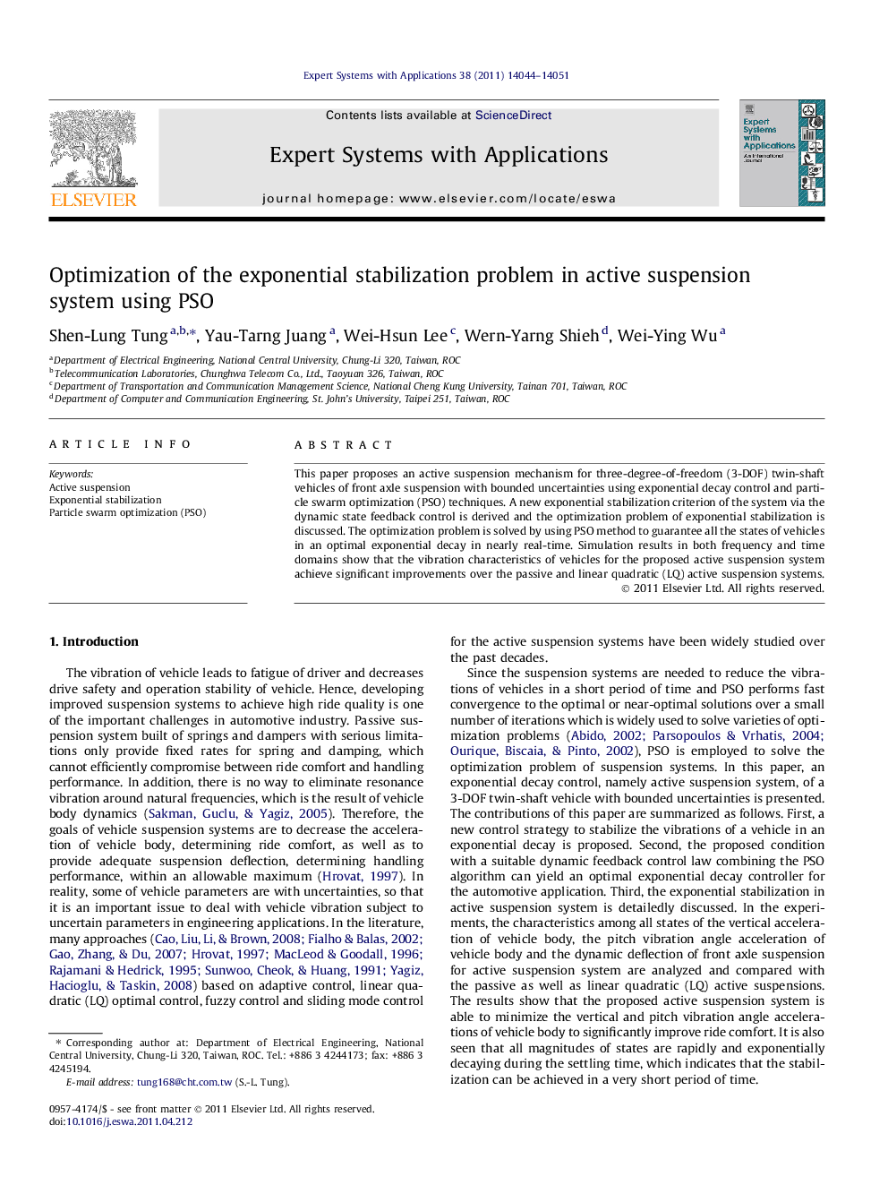 Optimization of the exponential stabilization problem in active suspension system using PSO