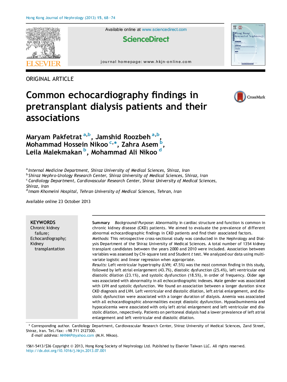 Common echocardiography findings in pretransplant dialysis patients and their associations