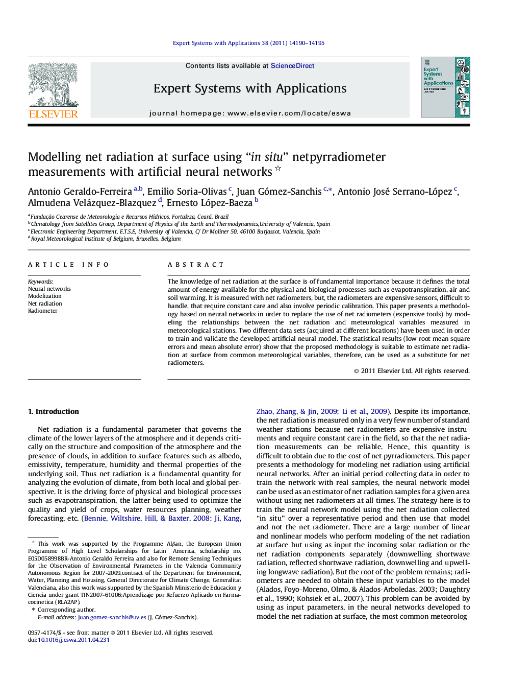 Modelling net radiation at surface using “in situ” netpyrradiometer measurements with artificial neural networks 