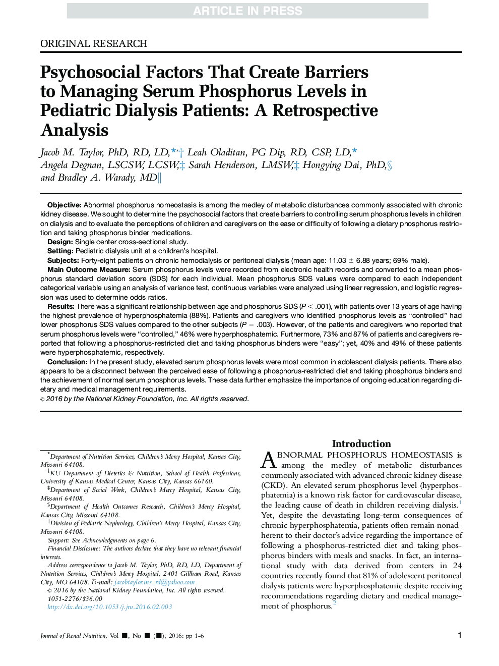 Psychosocial Factors That Create Barriers to Managing Serum Phosphorus Levels in Pediatric Dialysis Patients: A Retrospective Analysis