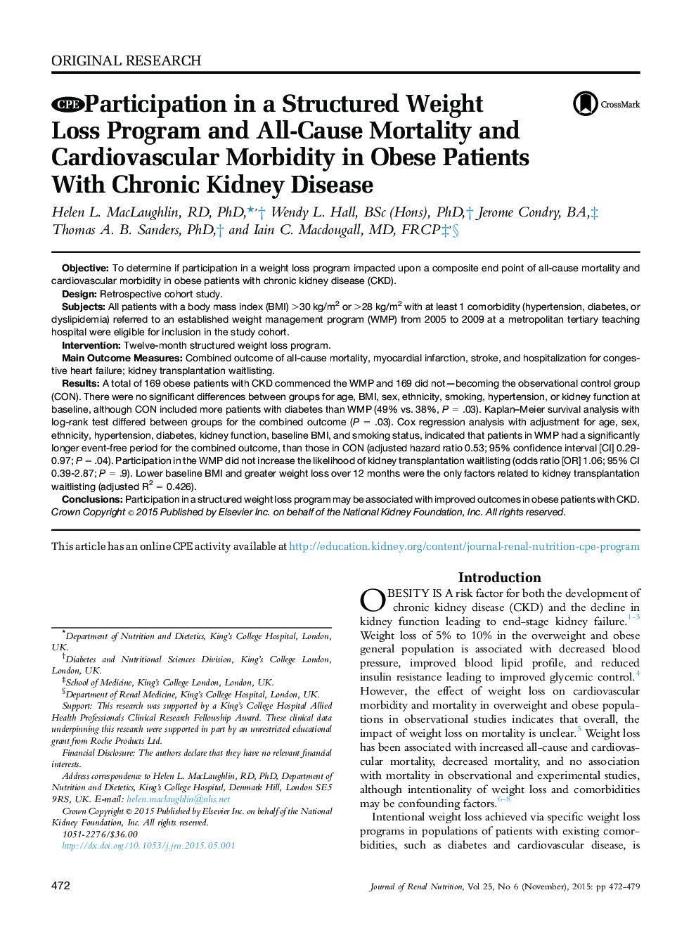 Participation in a Structured Weight Loss Program and All-Cause Mortality and Cardiovascular Morbidity in Obese Patients With Chronic Kidney Disease