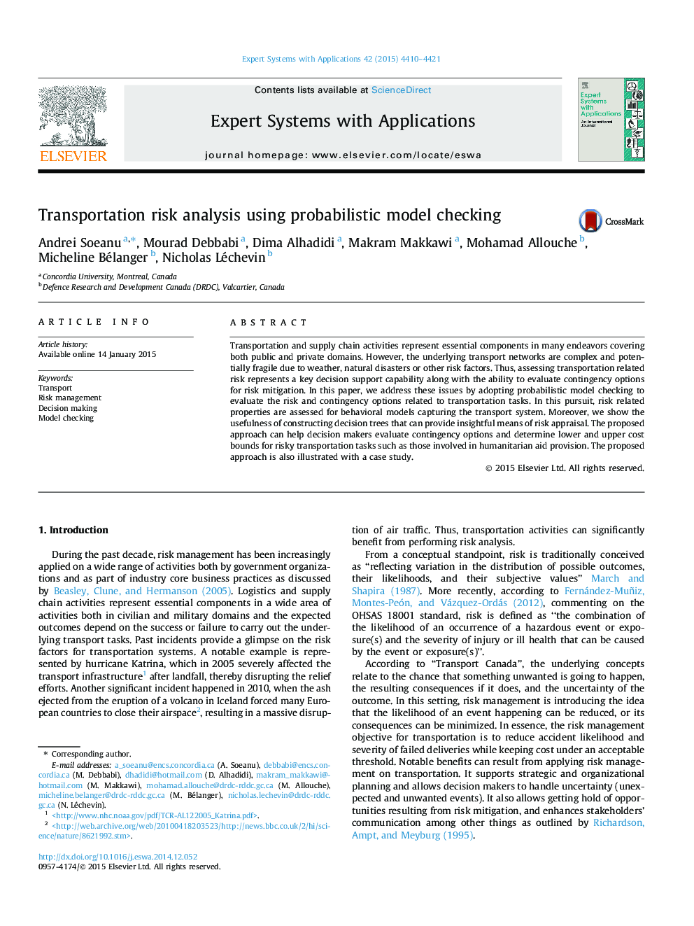 Transportation risk analysis using probabilistic model checking