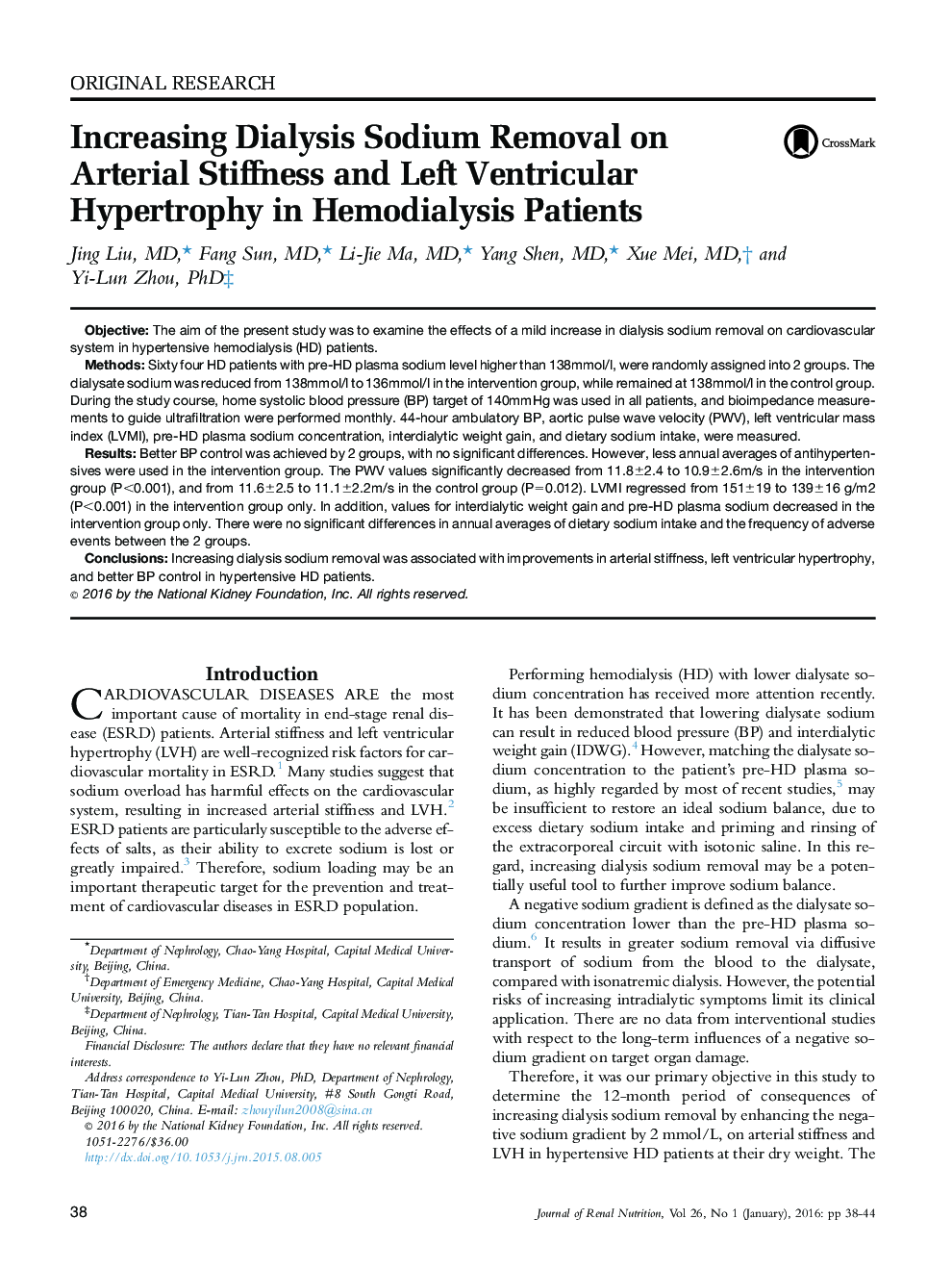 Increasing Dialysis Sodium Removal on Arterial Stiffness and Left Ventricular Hypertrophy in Hemodialysis Patients