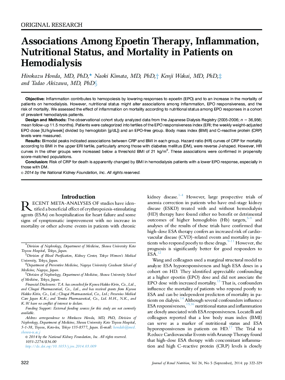 Associations Among Epoetin Therapy, Inflammation, Nutritional Status, and Mortality in Patients on Hemodialysis