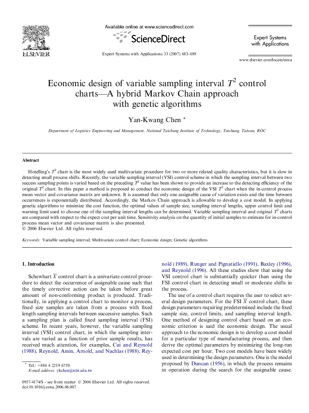 Economic design of variable sampling interval T2 control charts—A hybrid Markov Chain approach with genetic algorithms