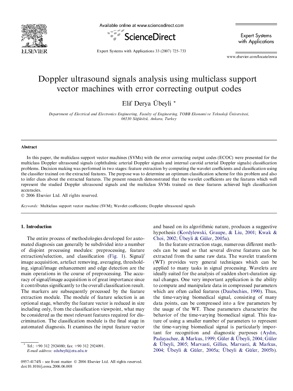 Doppler ultrasound signals analysis using multiclass support vector machines with error correcting output codes