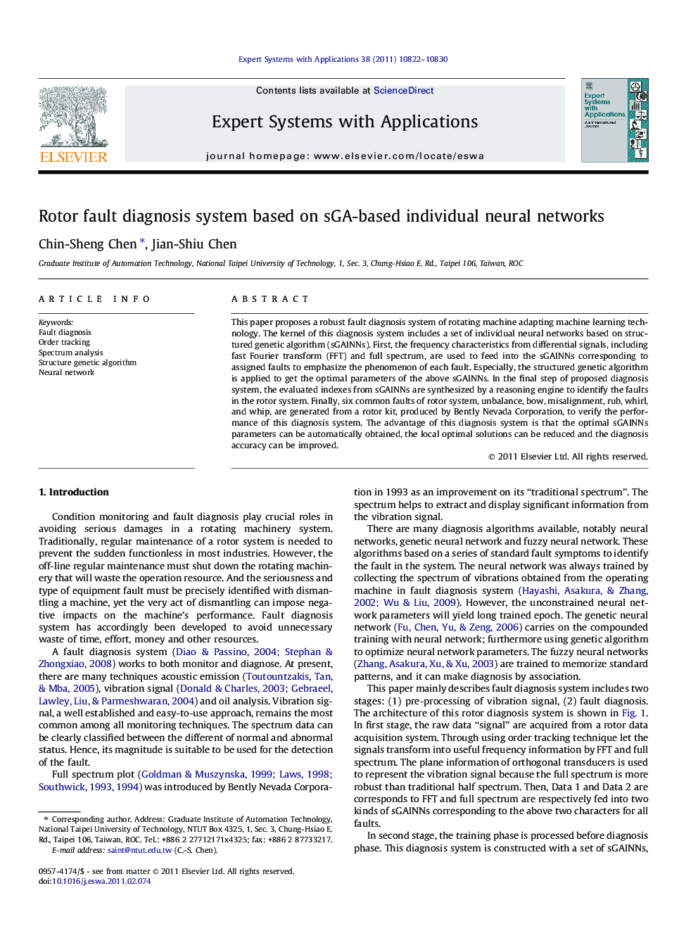 Rotor fault diagnosis system based on sGA-based individual neural networks