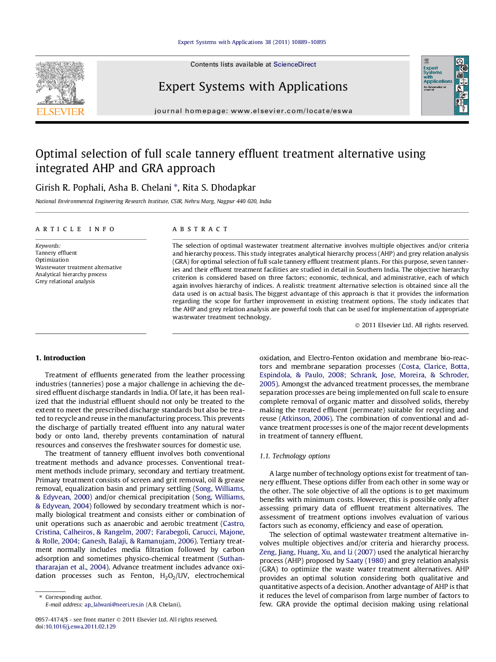 Optimal selection of full scale tannery effluent treatment alternative using integrated AHP and GRA approach