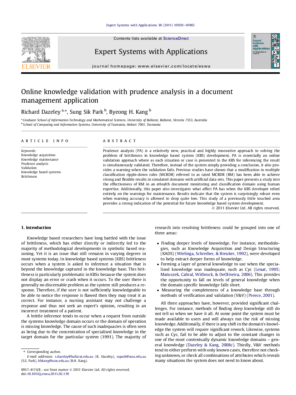 Online knowledge validation with prudence analysis in a document management application