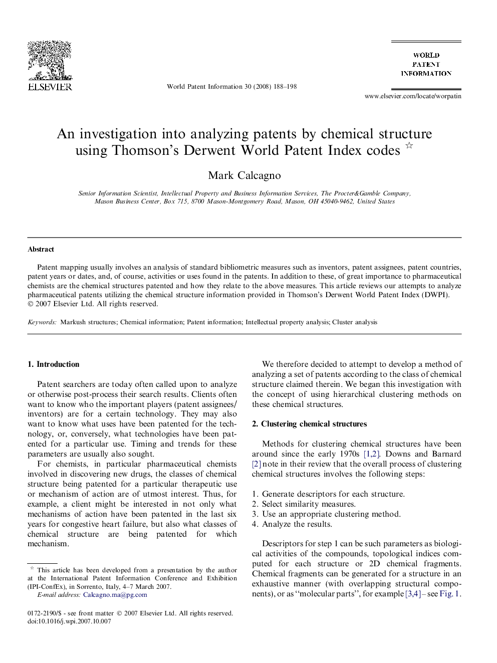 An investigation into analyzing patents by chemical structure using Thomson’s Derwent World Patent Index codes 