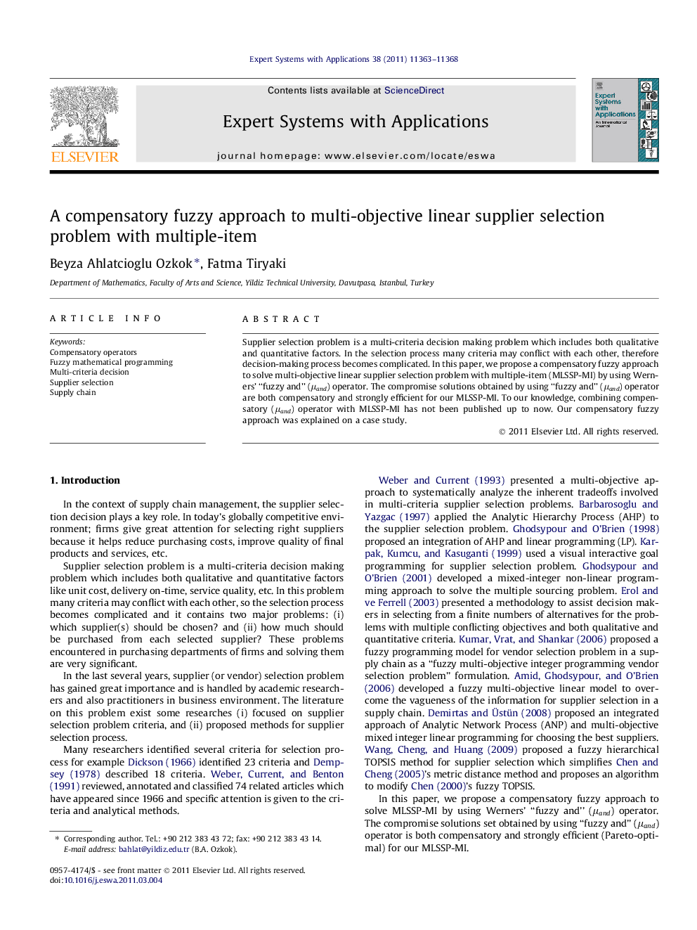 A compensatory fuzzy approach to multi-objective linear supplier selection problem with multiple-item