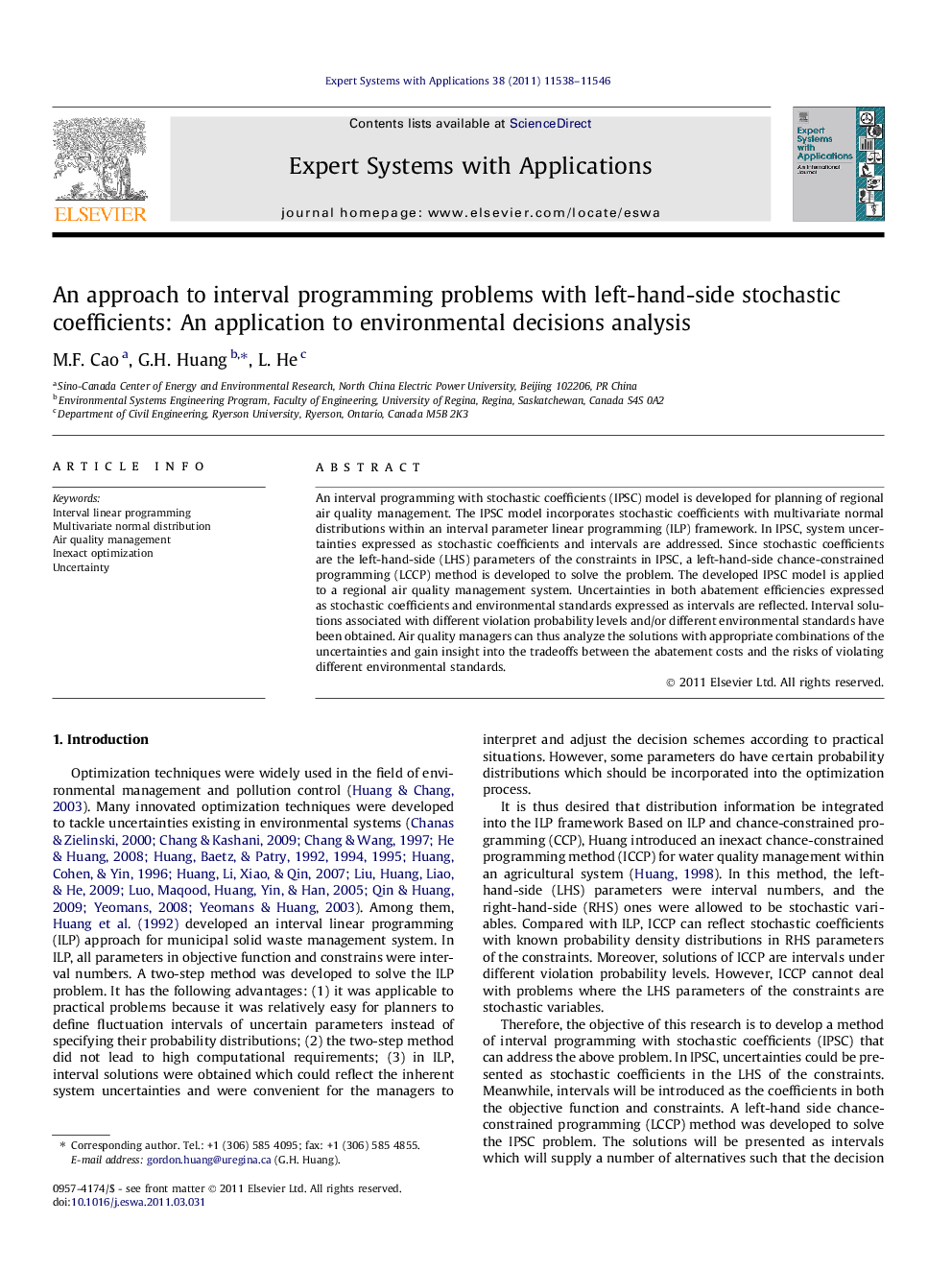 An approach to interval programming problems with left-hand-side stochastic coefficients: An application to environmental decisions analysis