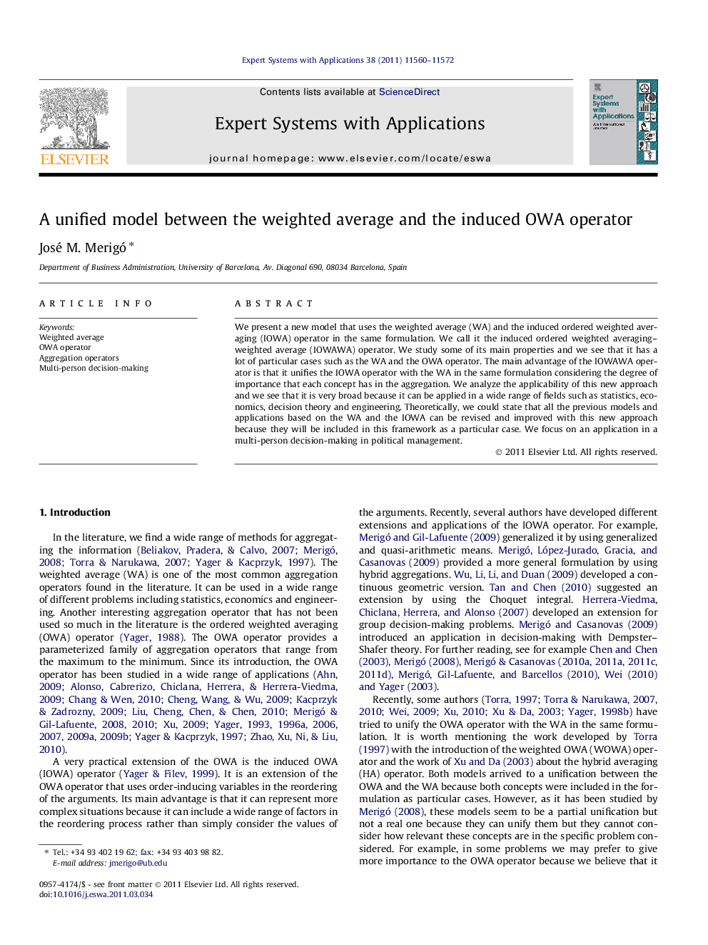 A unified model between the weighted average and the induced OWA operator