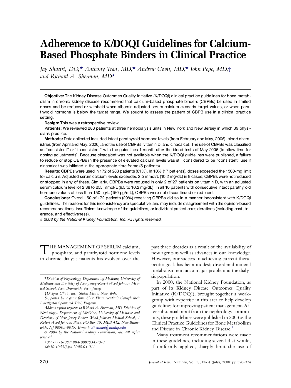 Adherence to K/DOQI Guidelines for Calcium-Based Phosphate Binders in Clinical Practice