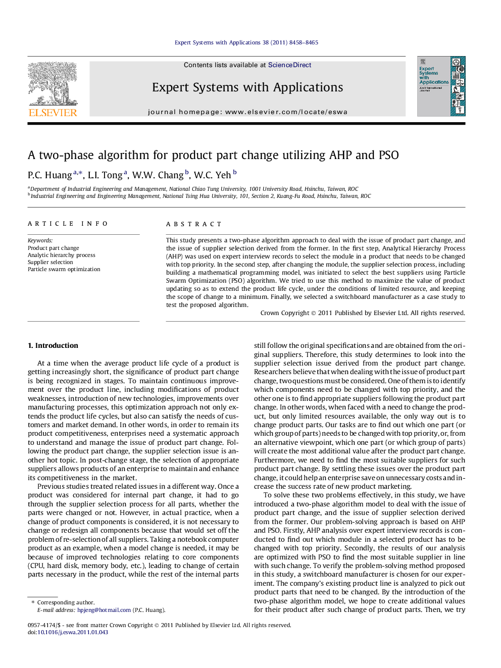 A two-phase algorithm for product part change utilizing AHP and PSO