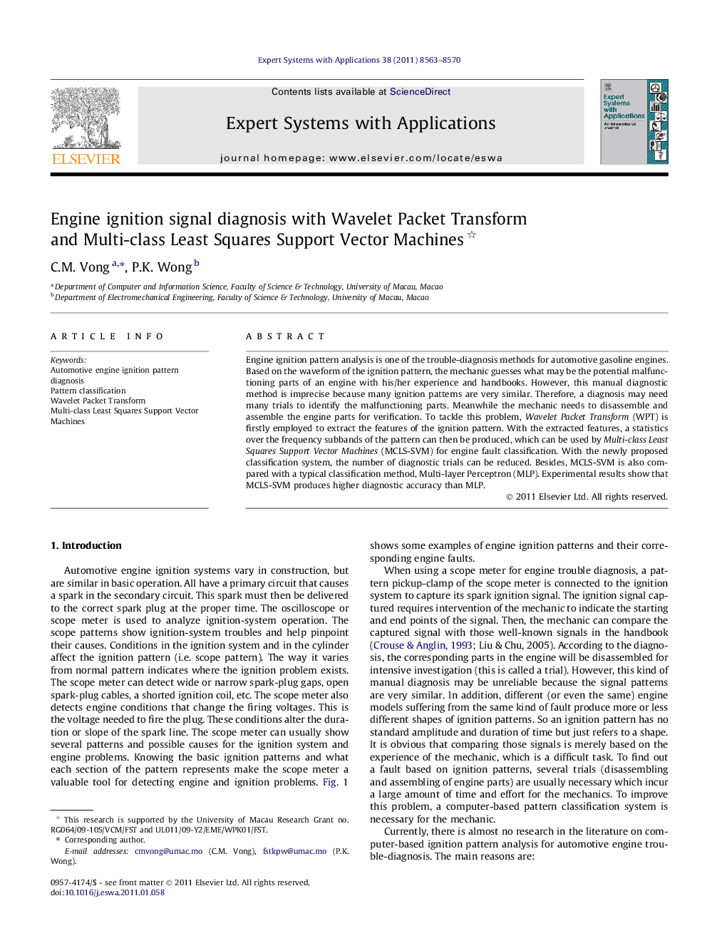 عکس صفحه اول مقاله: Engine ignition signal diagnosis with Wavelet Packet Transform and Multi-class Least Squares Support Vector Machines Engine ignition signal diagnosis with Wavelet Packet Transform and Multi-class Least Squares Support Vector Machines