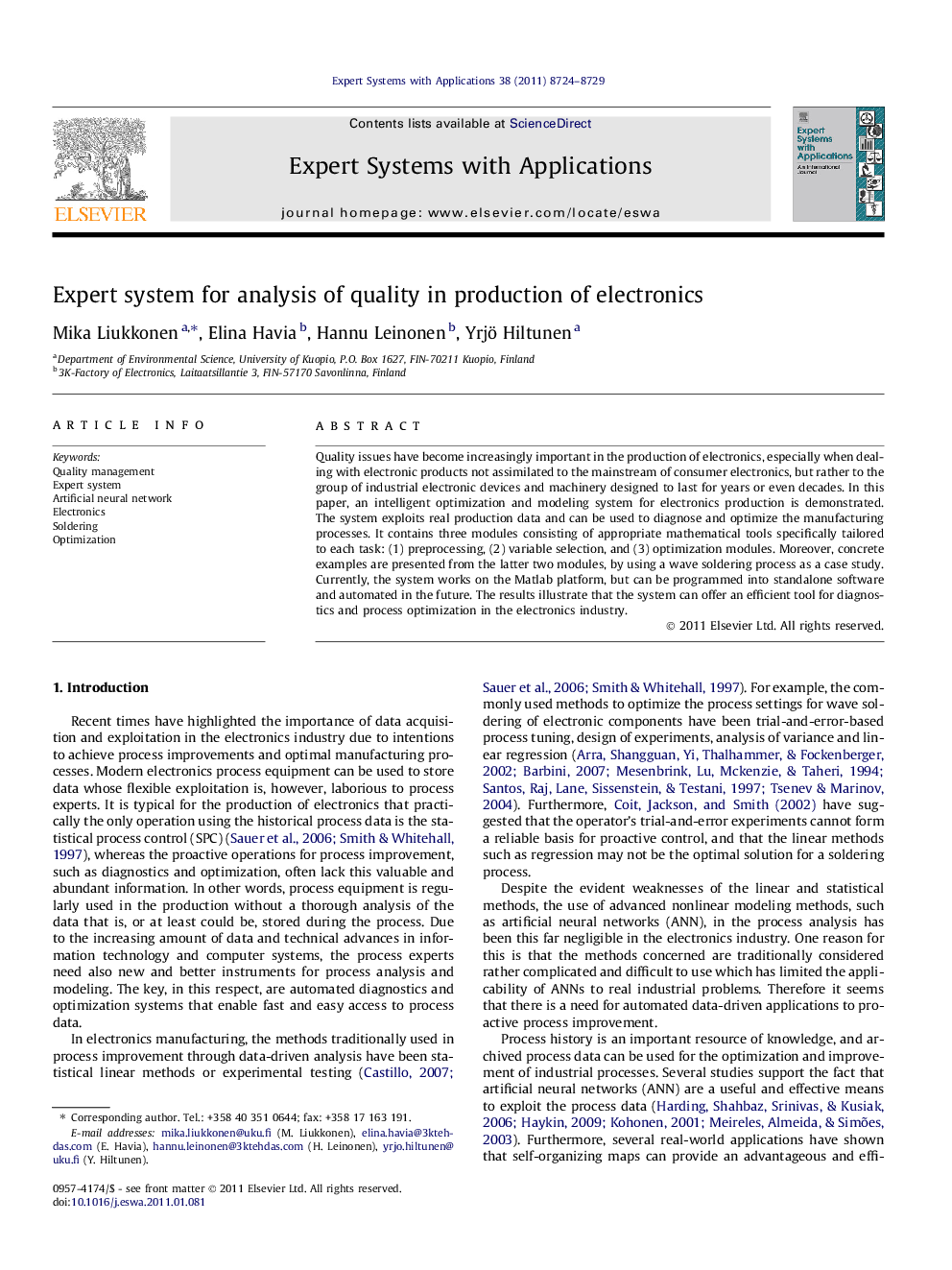 Expert system for analysis of quality in production of electronics