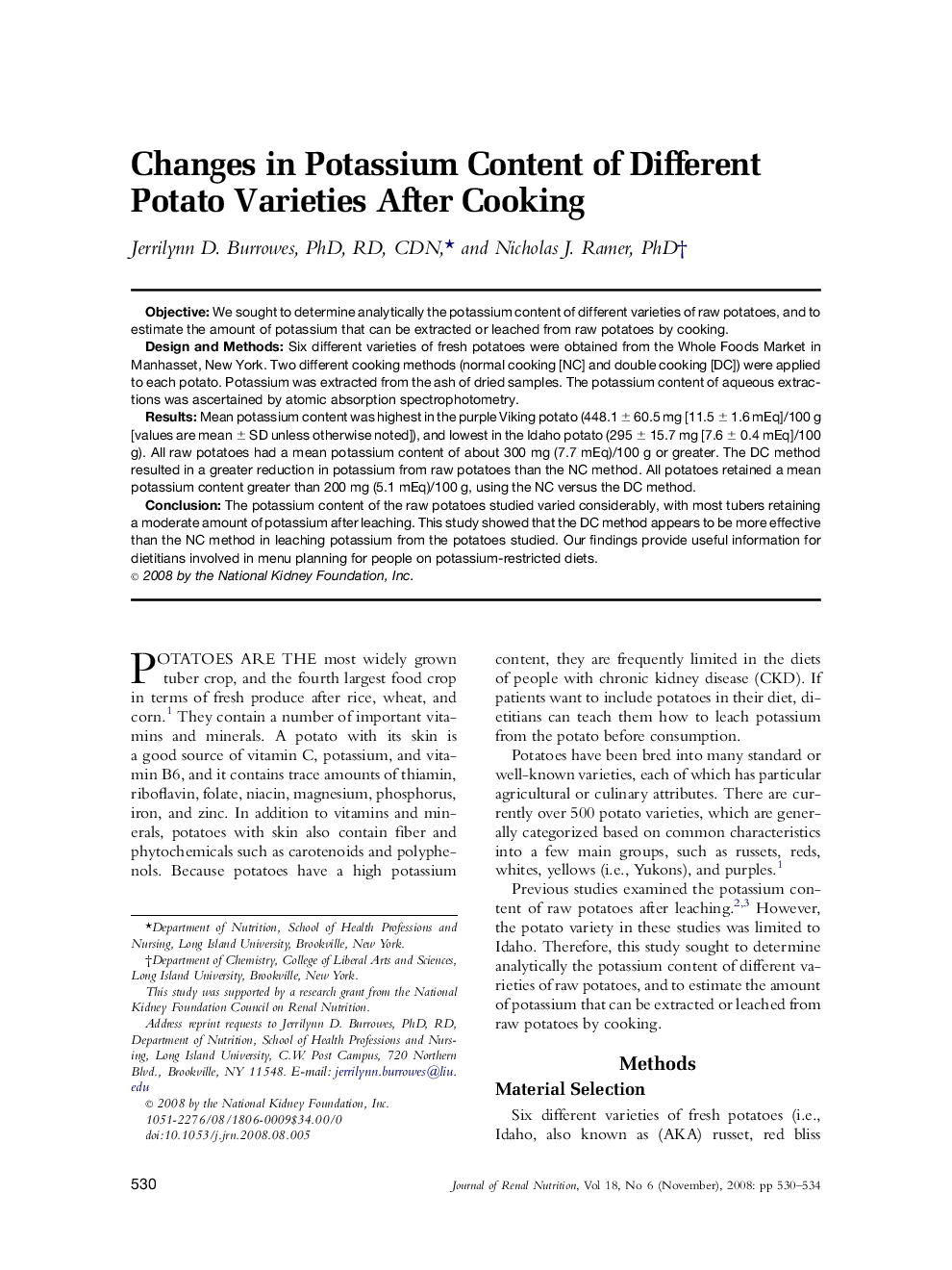 Changes in Potassium Content of Different Potato Varieties After Cooking