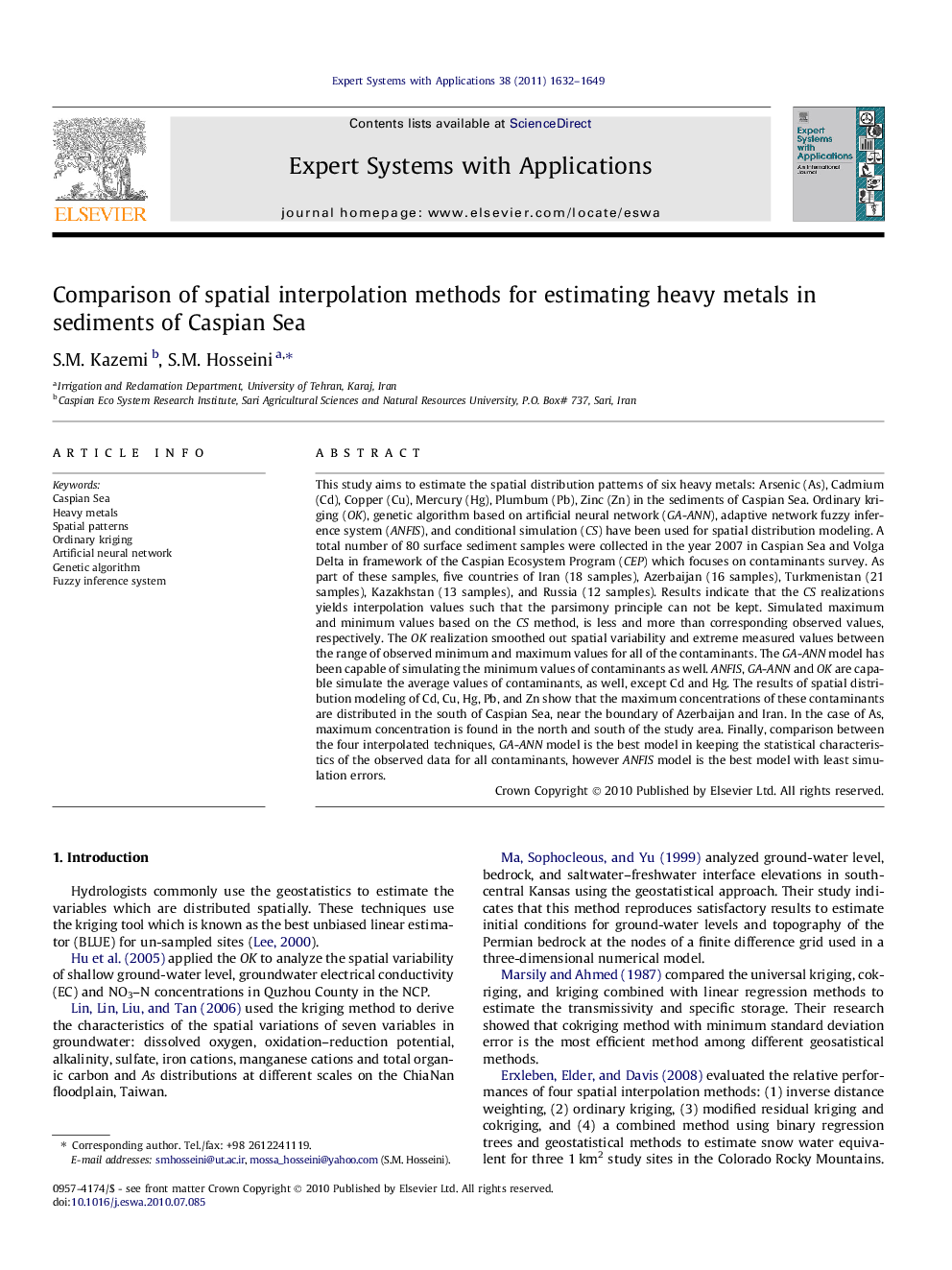 Comparison of spatial interpolation methods for estimating heavy metals in sediments of Caspian Sea