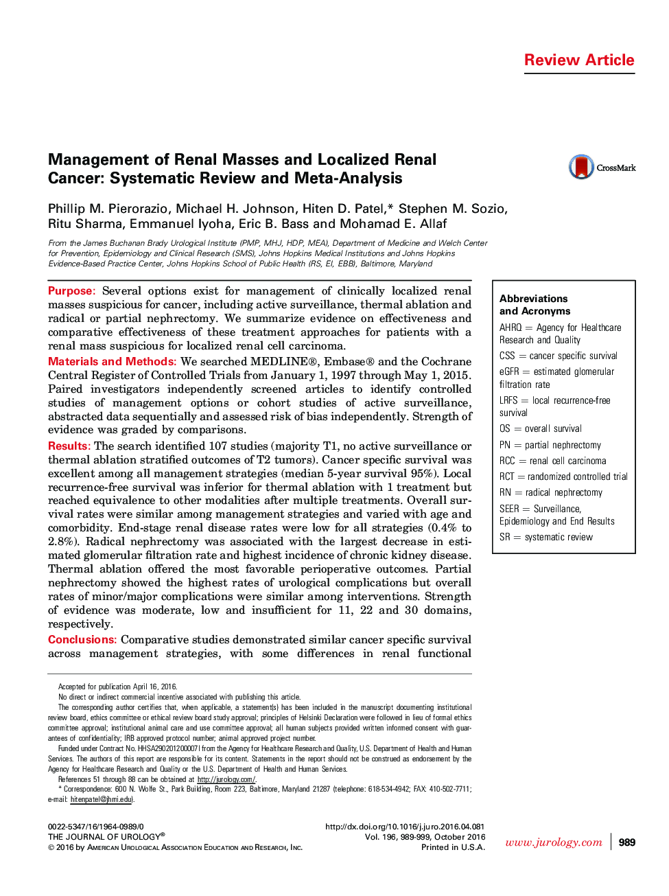 Management of Renal Masses and Localized Renal Cancer: Systematic Review and Meta-Analysis 