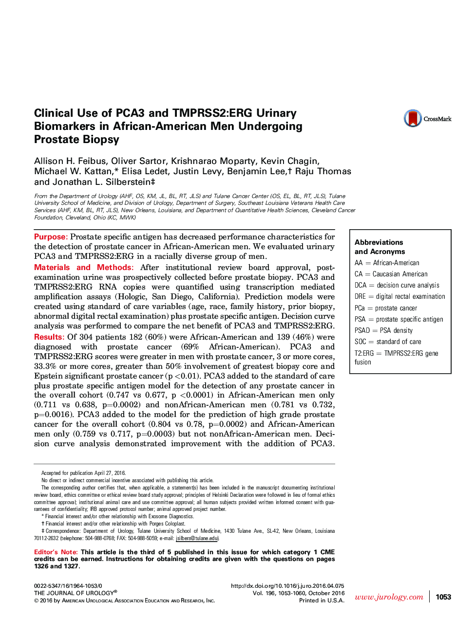 Clinical Use of PCA3 and TMPRSS2:ERG Urinary Biomarkers in African-American Men Undergoing Prostate Biopsy 