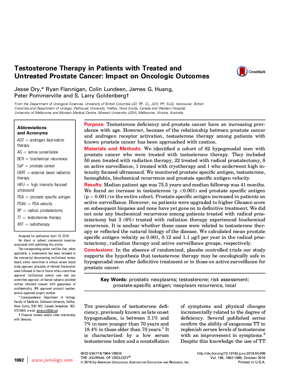 درمان با تستوسترون در افراد مبتلا به سرطان پروستات درمان و عدم درمان: تاثیر بر نتایج انکولوژیک 