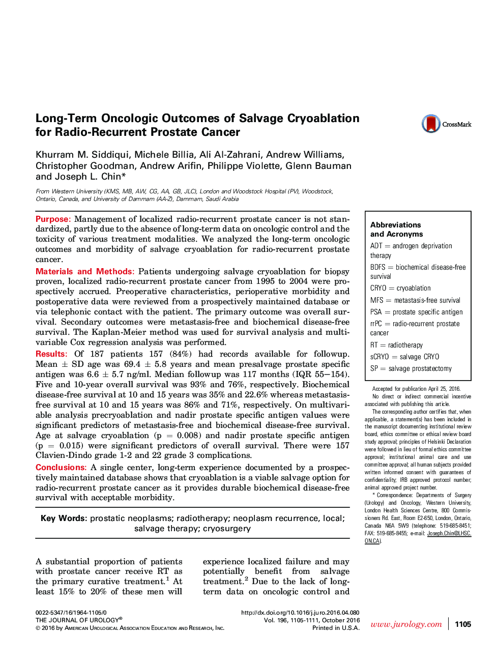 Long-Term Oncologic Outcomes of Salvage Cryoablation for Radio-Recurrent Prostate Cancer 