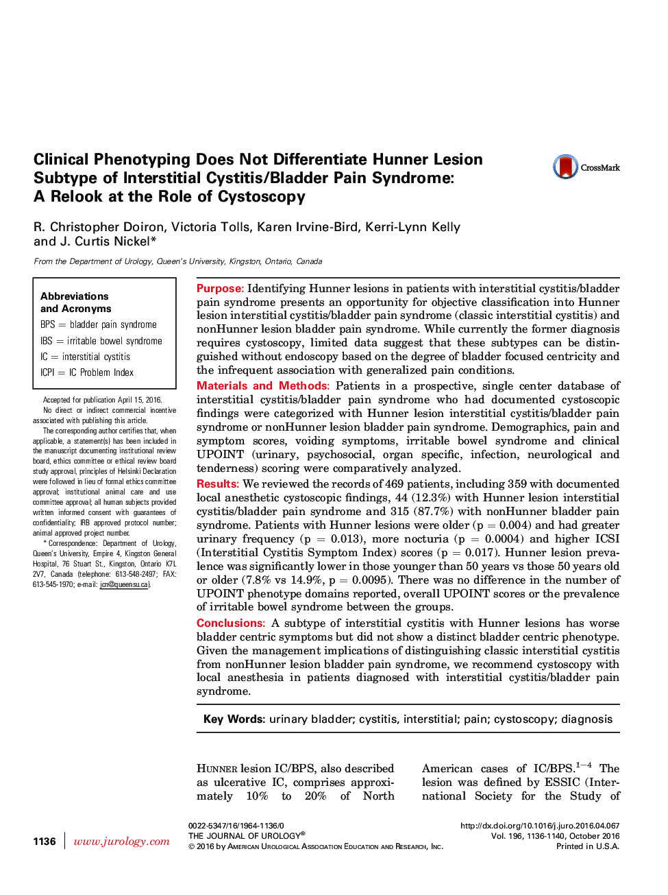 Clinical Phenotyping Does Not Differentiate Hunner Lesion Subtype of Interstitial Cystitis/Bladder Pain Syndrome: A Relook at the Role of Cystoscopy 