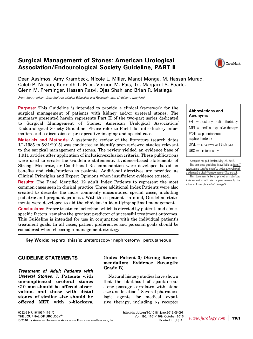 Surgical Management of Stones: American Urological Association/Endourological Society Guideline, PART II 