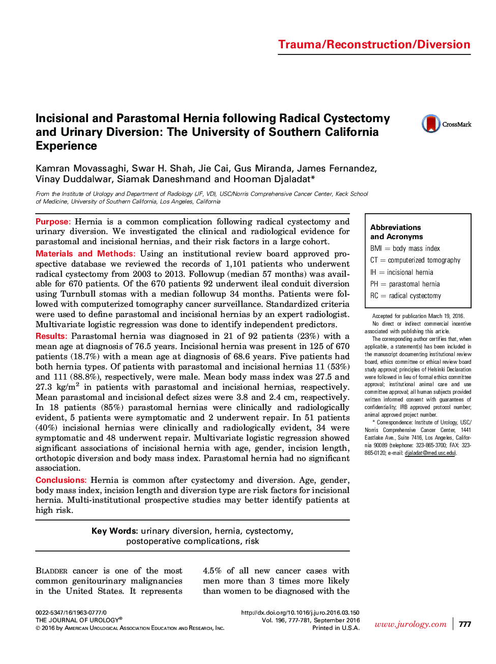 Incisional and Parastomal Hernia following Radical Cystectomy and Urinary Diversion: The University of Southern California Experience 